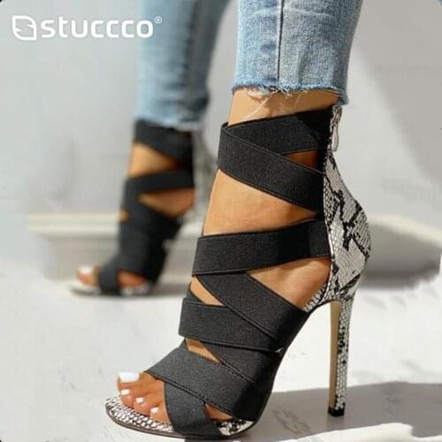 Snake Summer Shoes Woman Pumps High Thin Heels Pointed Toe Rhinestone Gladiator Pumps Party Sexy Shoes Prom Shoes