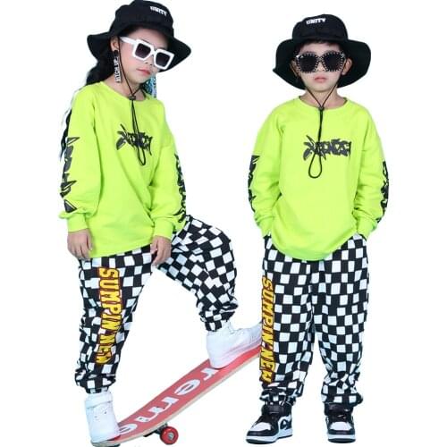 Boys Girls Green Long Sleeve Sweatshirt Casual Baggy Hip Hop Dance Clothes Kids Jogger Sweatpants Checkered Trousers Streetwear