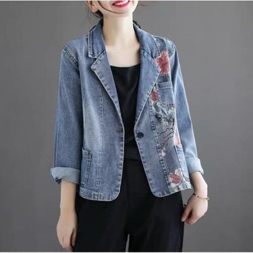 2021 Autumn New Women Long Sleeves Denim Jacket Female Vintage Print Loose Jean Coat Fashion Casual Streetwear Outerwear