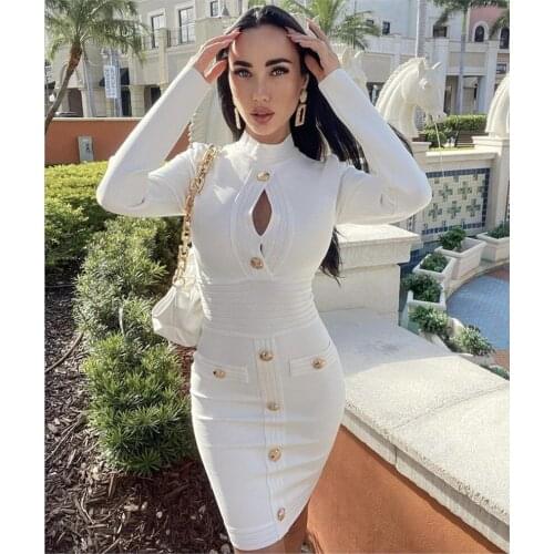 Women Spring Sexy Long Sleeve Key Hole Button White Mini Bodycon Bandage Dress 2021 Elegant Evening Party Dress Vestidos