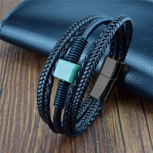 Green Aventurine Stone Women Square Beads Bracelet Black Leather Bracelets for Men Jewelry Stainless Steel Magnetic Clasp