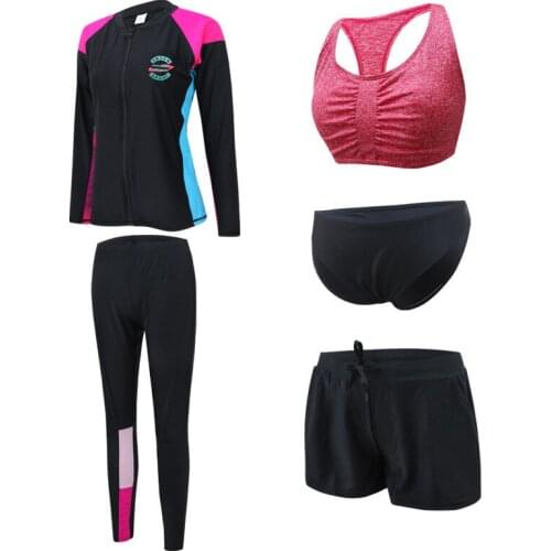Womens 5pcs Activewear Set Fitness Yoga Running Outfit Athletic Tracksuits Long Sleeve Swimsuit Rash Guards Swimwear Plus Size