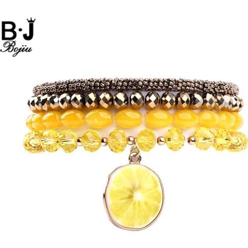 BOJIU Trendy Crystal Bead Charm Bracelets Set Women Vintage Metal Slice Oval Acrylic Yellow Gold Crystal Bracelet Femme BCSET184