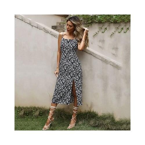 Vestidos Mujer Verano 2021 Womens Thin Sling Pullover Sexy Floral Split Sling Dress Female Fashion Elegant Sleeveless Dresses