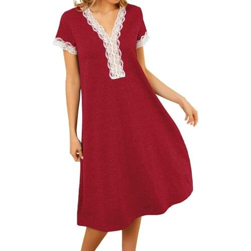 Summer Dress Women Floral Lace Hollow Out V Neck Short Sleeve Casual Dress Lounge Wear Solid Color Ladies Loose Night Dress D30