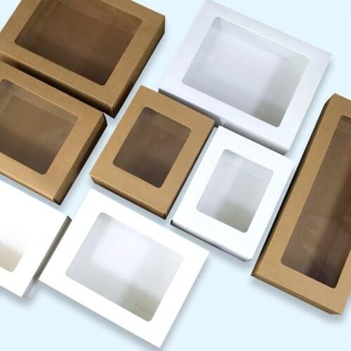 100pcs kraft paper gift packaging box With Window White packing gift box paper drawer box wedding favor delicate drawer boxes