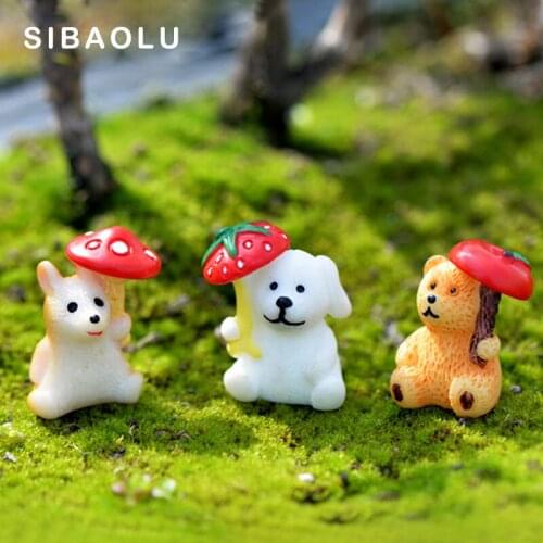 3pcs Mushroom Dog Bear Hamster Figurine Cartoon Animal Model Diy Home Decor Miniature Fairy Garden Decoration Accessories Modern