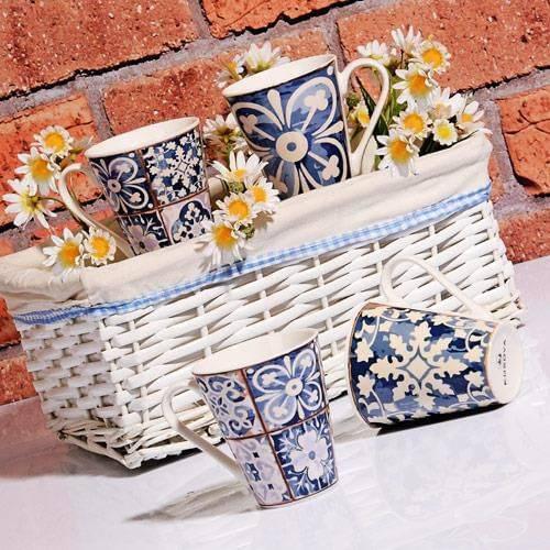 4 PCs mosaic pattern coffee cup blue tile pattern stylish trend style different mugs