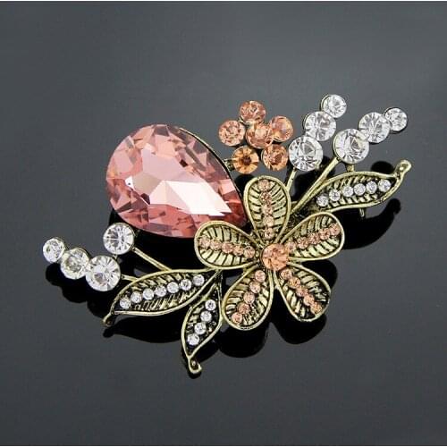 Big Fashion Vintage Luxury Elegant Rainbow Crystal Flower Brooches Gold Color Rhinestone Alloy Plant Brooch Lady Party Pins