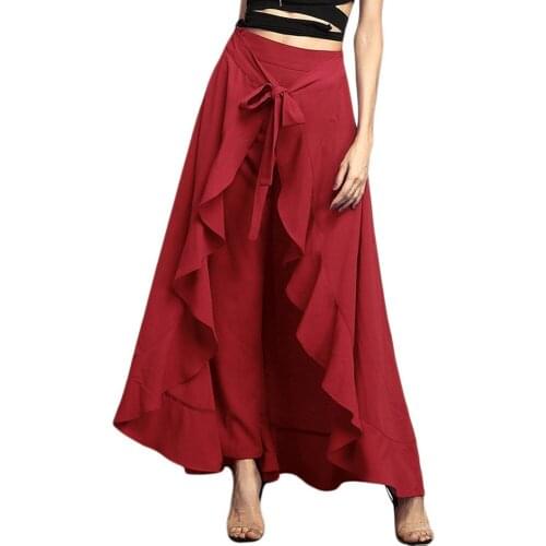 Hot Sale Women Palazzo Pants Causal Ruffle Drawstring Trouser Elegant High Waist Irregular Loose Pure Color Female Pant Skirt