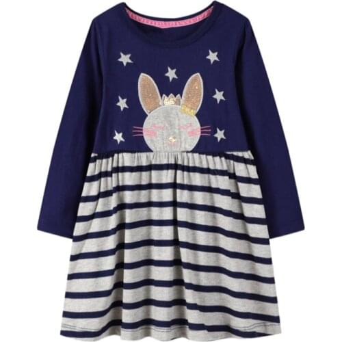 Jumping meters Breathable Girls with Cute Cat Pattern Round Neck Cotton Kids Summer Long Sleeve Dress for Stripe Skirt 2-7Years