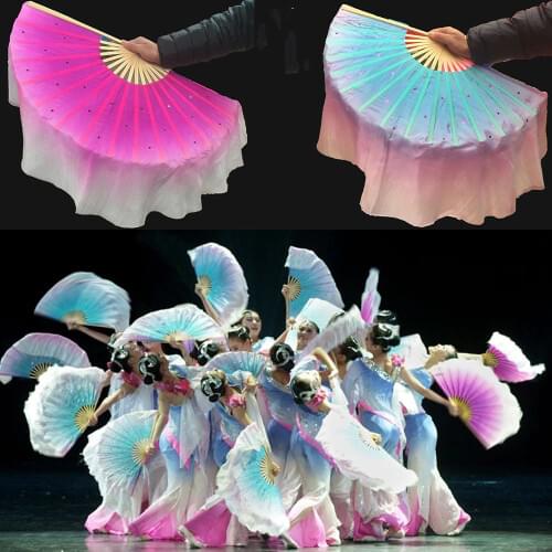 Two Side Different Color Silk Folding Fan Bamboo Handheld Fans Silk Folded Fans For Bellydance Oriental Dance Props 61cm 76cm