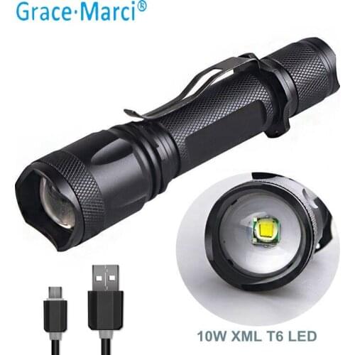GM Power Flashlight Zoom Rechargeable USB Police Flashlight LED Black Flashlight Metal Aluminum Waterproof Torch Light