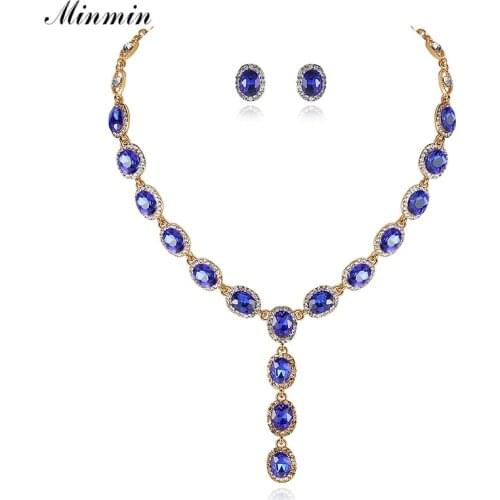 Minmin Blue/Red Color Crystal Bridal Jewelry Sets Oval Earrings Necklace Sets African Beads Jewelry Set Wedding Jewelry MTL495