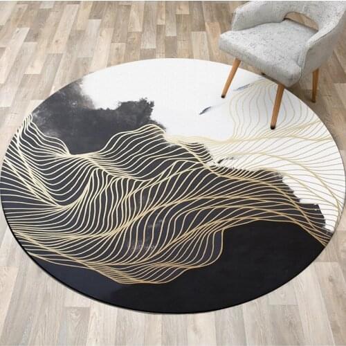 Chinese Style Living Room Round Carpets Black White Ink Landscape Painting Gold Line Bedroom Door Mat Non-Slip Bedside Area Rugs