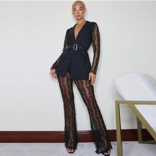 2021 Summer Casual Fashion Street Ladies Slim Street Sexy V-neck Mesh Lace Flared Trousers With Belt Two-Piece Set