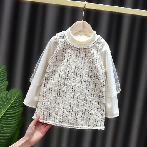 Fashion Baby Girl Dress Set New Spring Autumn Baby Clothes Set Solid Color Top + Plaid Vest Dress Newborn Childrens Clothes