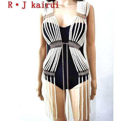 New RJPE09 Fashion Women Gold Chains Layers Imitation Pearls Top Bra Chains Short Body Dress Costume Jewelry 2 Colors