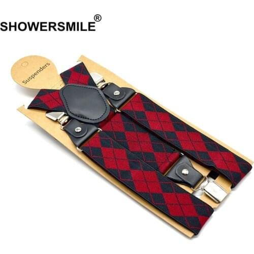 Suspenders Man For Pants Black Red Argyle Adjustable Y Back Suspender Belt 3 Clips With Leather Male Braces 120cm*3.5cm