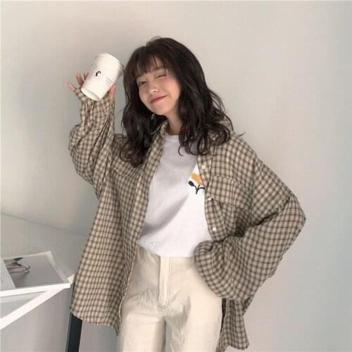 Lantern Sleeve Plaid Shirt Women Checked Vintage Blouse with Lush Sleeves Korean 2021 Fashion Cotton Harajuku Tops Kawaii Casual