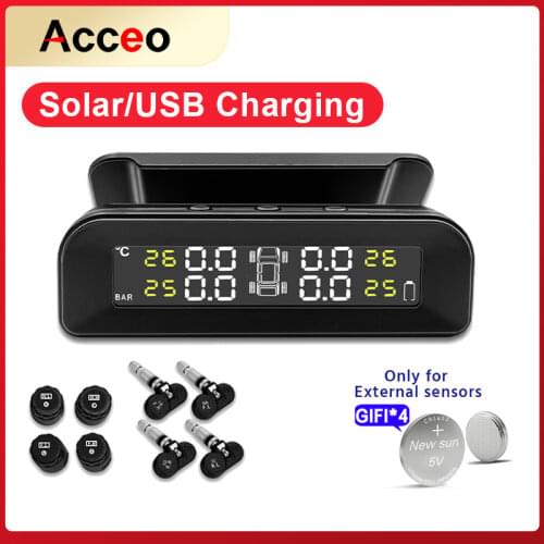E-ACE TPMS Car Tire Pressure Alarm Monitor System Display Intelligent Temperature Warning with 4 sensors Solar Power Charging