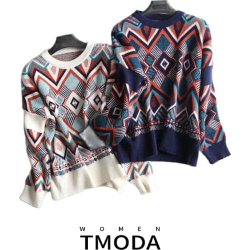 TMODA297 2021 Ethnic Contrast color Geometric knitted Sweater Vintage Autumn Women O neck Short Pullover Knitwear Jumper Tops