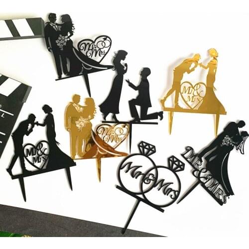Wedding Cake Topper Bride Groom Mr Mrs Wedding Decorations Acrylic Black gold Cake Toppers Mariage Party Supplies Adult Favors