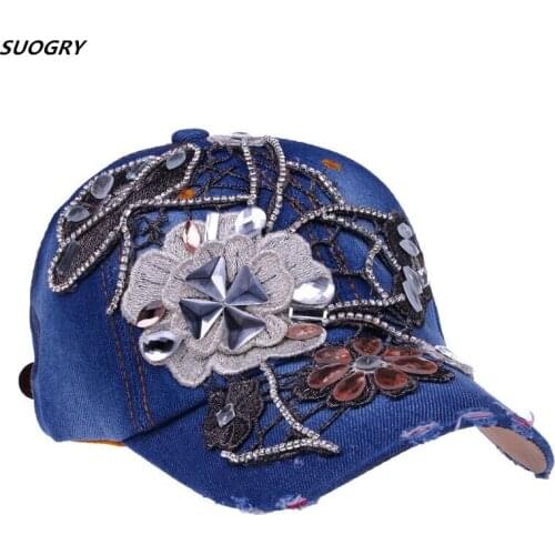 Vintage Luxury Rhinestones Woman Cowboy Baseball Cap Flower Pattern Gorras Female High Quality Glass Diamonds Hip Hop Hat