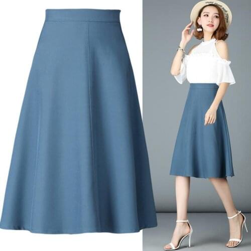 Stinlicher Office Ladies Elegant Skirt Vintage High Waist Knee Length A line Skirt female Umbrella Swing Midi Skirt Black Blue