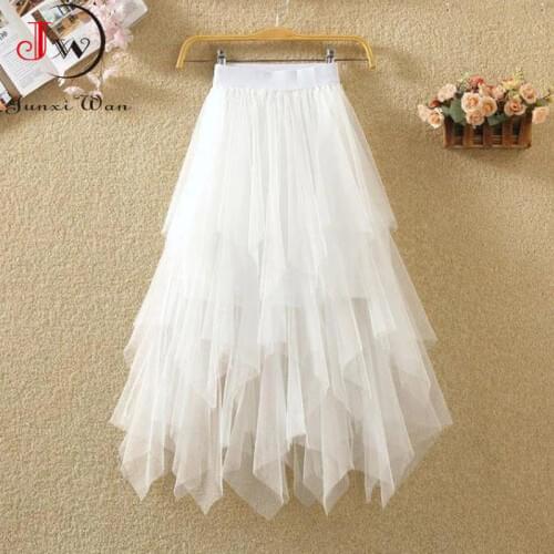 Women Sweet Long Skirt Spring And Summer High Waist Solid Asymmetrical Elegant Chic White Mesh Tulle Skirts Faldas