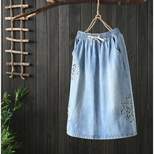 2021 Women Spring Summer Vintage Skirt Lady Chic Denim Embroidery Elastic High Waist Faldas Female Casual Loose Sweet Skirt D869