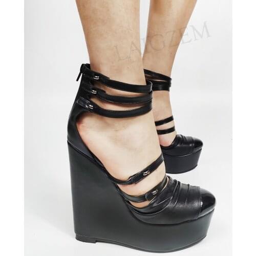 LAIGZEM Women Sandals Platform Wedges Heels Pumps Back Zip Shoes Woman Frauen Sandalen Shoes Sandalia Zapato Size 44 46 50 52