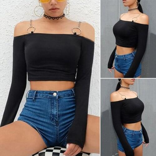 Women Black Long Sleeve T Shirt Knitted Slash Neck Cropped T Shirt Iron Chain Streetwear T Shirt Crop Tops