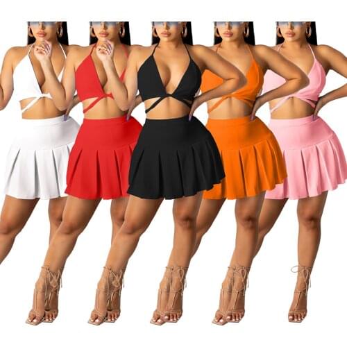 2021 New Style Women Sexy Two-piece Dress Set Solid Color Deep V-neck Camisole and Pleated Short Mini Skirt Summer Matching Sets