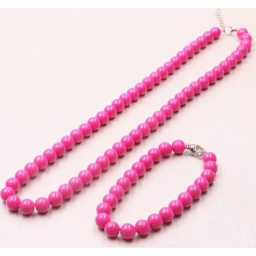 Rose Red 8mm Artificial Shell Glass Pearl Necklace Bracelet Set Jewelry Accessories Gift for Women Free Shipping 18inch Y541