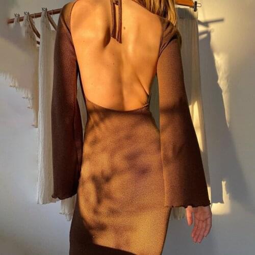 2021 MODX Long Sleeve Backless Bodycon Long Dress Sexy Spaghetti Bandage Party Clothes Elegant Solid Color Knit Slim Long Robe