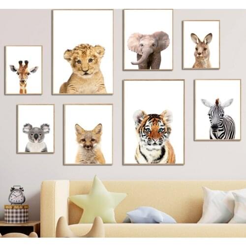 Giraffe Lion Elephant Tiger Zebra Fox Kangaroo Wall Art Canvas Painting Nordic Posters And Prints Wall Pictures Kids Room Decor