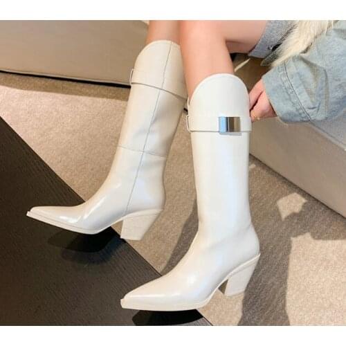 Winter White Black Genuine Leather Pointed Toe Sliver Metal Buckle Knee High Boots Woman 65 mm Chunky Heels Slip On Long Boots