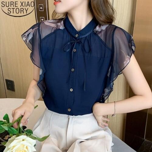 Summer Short Flying Sleeve Stand Collar Ruffles Tops Elegant Office Lady Chiffon Blouse Women Shirts Thin Clothes Blusas 15803