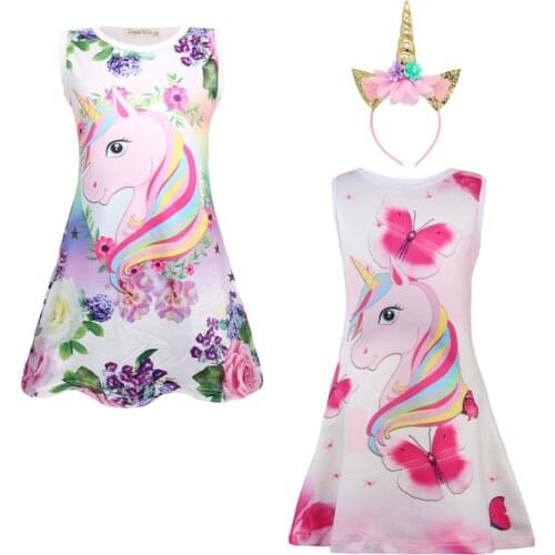 Kids Summer Princess Dress for Girls Toddler Girl Pajama Dress Party Cartoon Cute Unicorn Pink Dress Headband 2 Piece Set