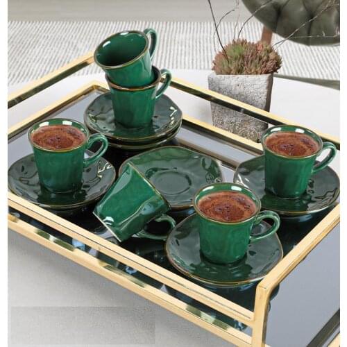 Keramika Organic 12 Piece set Reactive Dark Artıstık Green Coffee Cup Pad