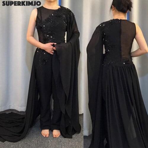 Jumpsuit prom dress lace appliques hand made flowers chiffon panty panty long evening dresses gowns