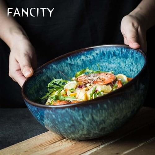 FANCITY European-style creative retro ceramic tableware stoneware soup bowl eat vegetable bowl large fruit bowl home fruit salad
