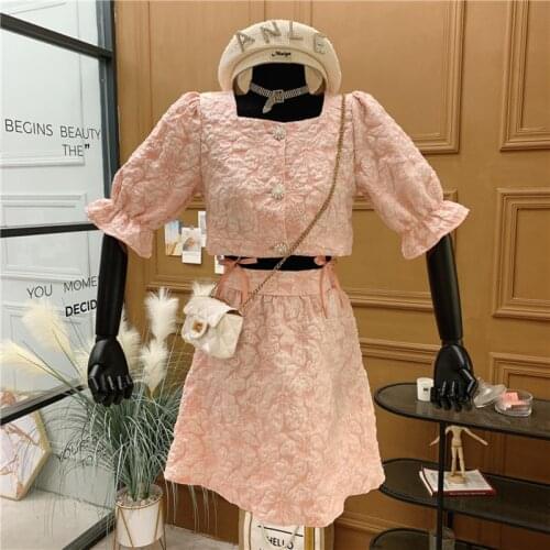Sweet Fashion Two Piece Set Women Pink Puff Sleeve Sexy Short Shirt Crop Top + High Waist A-Line Skirts Suits Set 2pcs Outifts