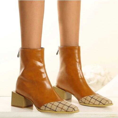 Fashion Womens Ankle Boots Black White Pu Leather Yellow Boots Women Waterproof Block Heels Boots Point Shoes for Women