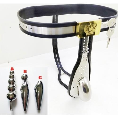 Stainless Steel Male Chastity Belt Penis Bondage Penis Cage Lock Adjustable Waist With Anal Plug BDSM Training Chastity Device