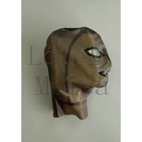 Novelty transparent black Fetish latex hoods open eyes nostrils and mouth with back zip and decorative with black trim for adult