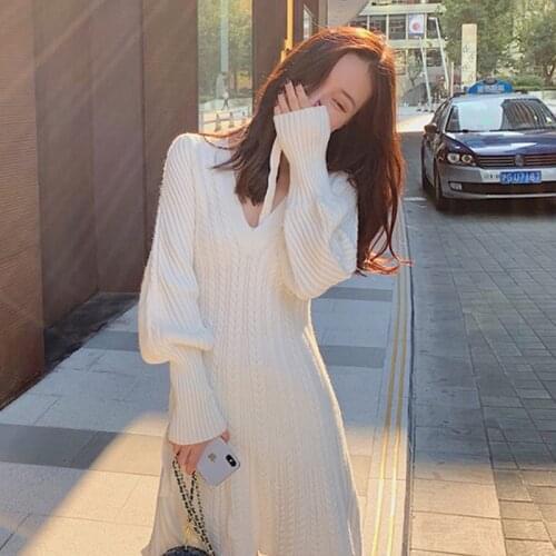 Solid White Black Casual Warm Autumn Woman Winter New 2021 Solid Pollover Thick Jumper Dress Korean Knitted Sweater Dress Women