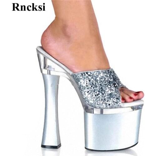 Rncksi Girls Shiny 18cm Square High-Heeled Shoes Open Toe Slippers Women 18cm Fashion Platform Slippers Ultra High Heel Shoes