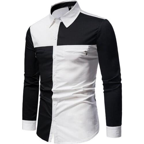 Men Patchwork Long Sleeve Zipper Design Turn-down Collar Business Shirt Casual Fashion Male Blouse Streetwear for Daily Wear